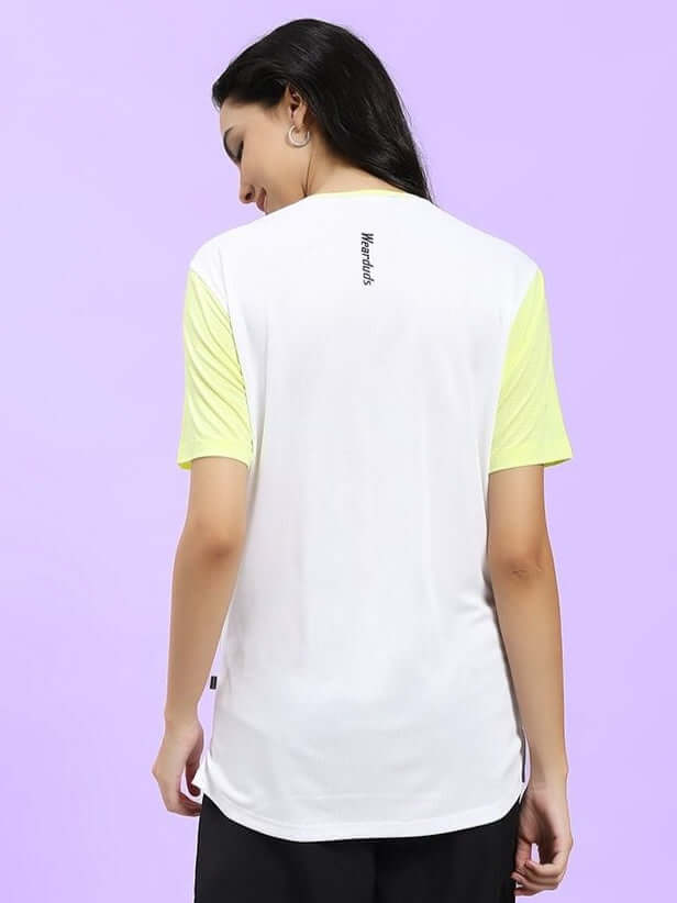 Back view of WOMEN CHAMPION ZONE REGULAR FIT T-SHIRT WHITE NEON-GREEN, showcasing sporty design and vibrant colors