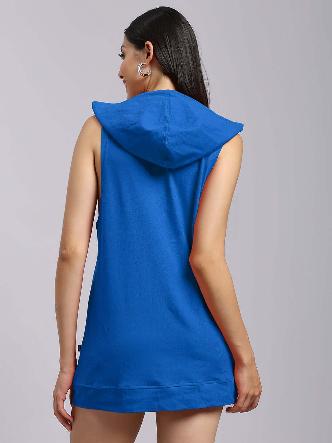 Back view of WOMENS CYBRAN GYM HOODED T-SHIRT BLUE showcasing hood and sleeveless design.