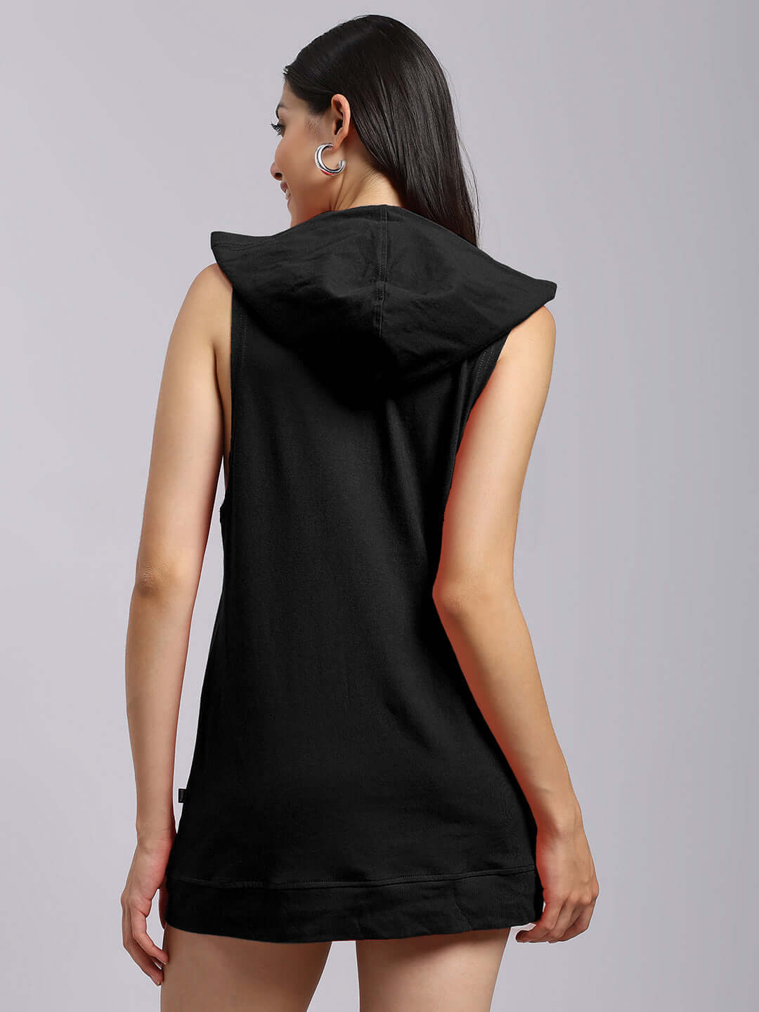 Back view of WOMENS CYBRAN GYM HOODED T-SHIRT BLACK, showcasing breathable, moisture-wicking fabric.