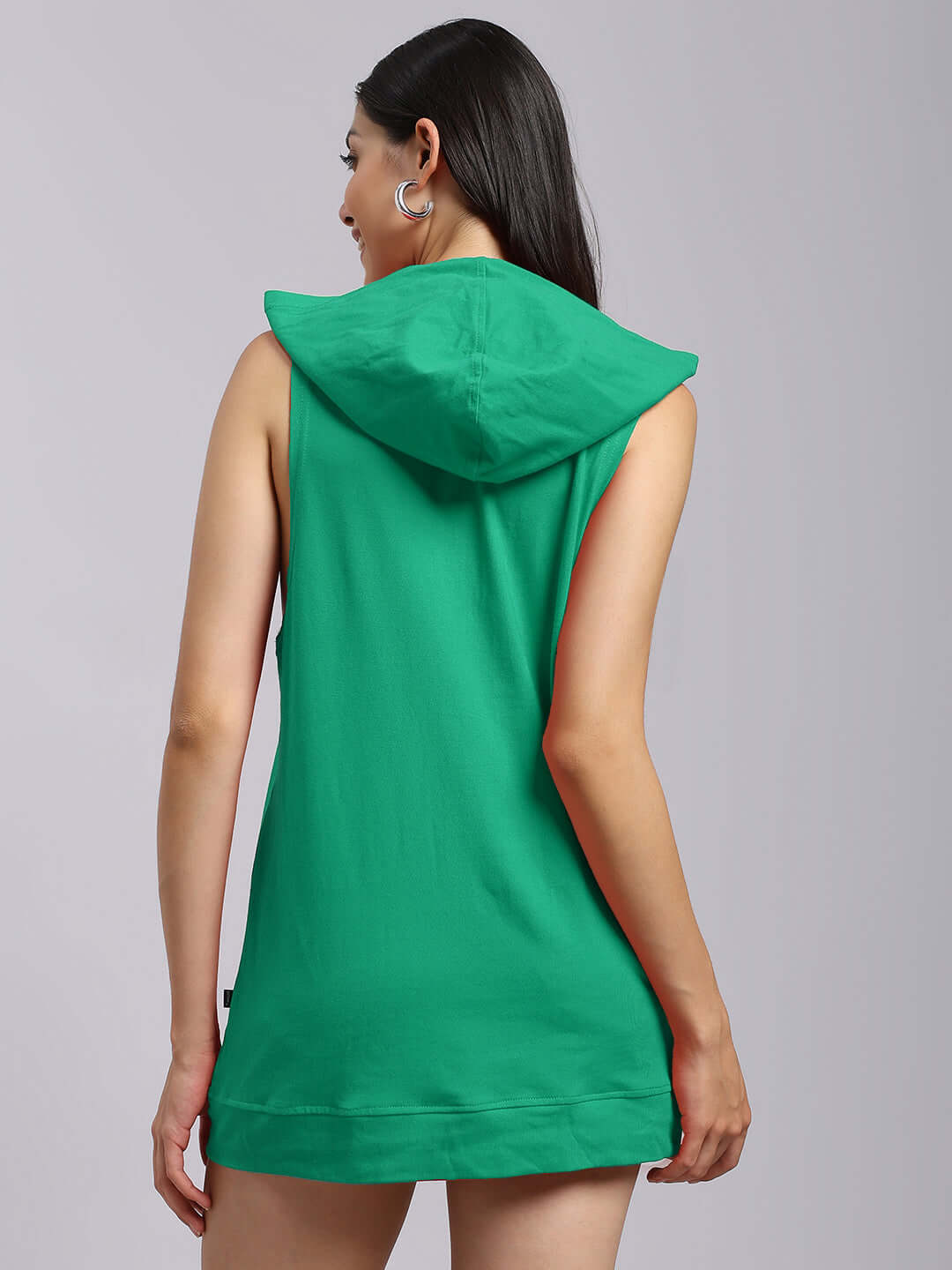 Back view of WOMENS CYBRAN GYM HOODED T-SHIRT GREEN on a model