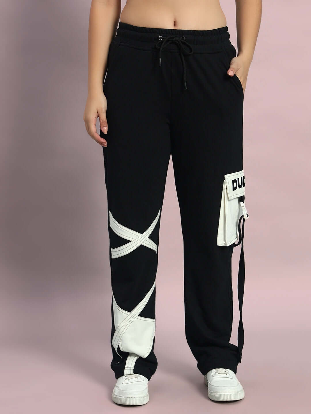 Women's oversized co-ord set in off white-black with relaxed fit joggers, elastic waistband, premium cotton-elastane blend.