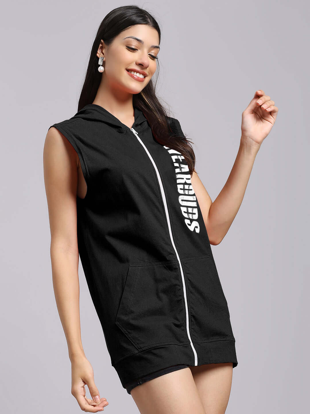 Woman modeling WOMENS DECENT GYM HOODED T-SHIRT BLACK, front view