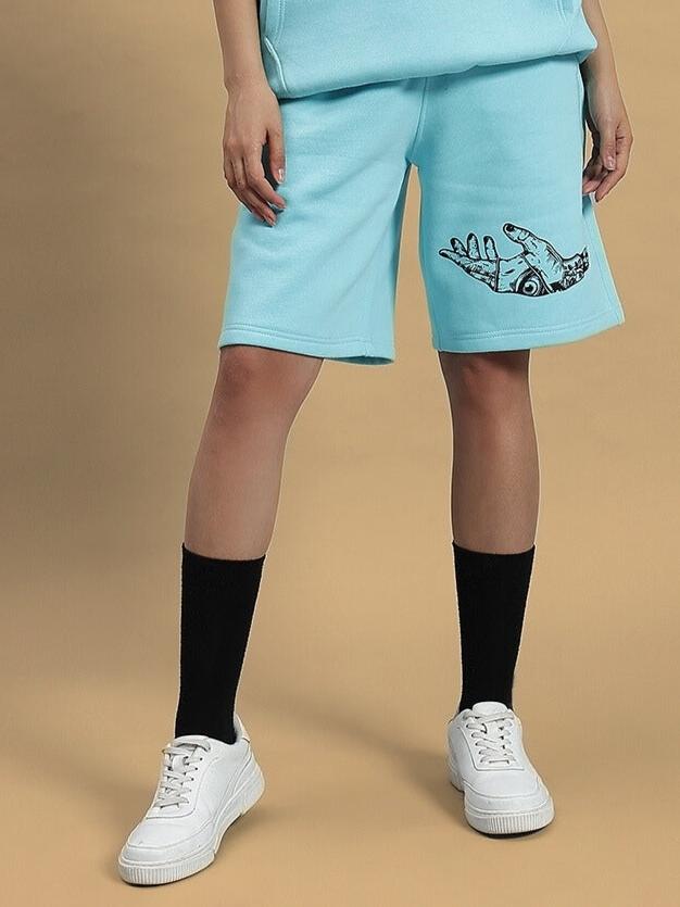 WOMEN DEMON FLEECE SHORTS SKY BLUE with custom fit option and unique embroidered design, ideal for casual wear