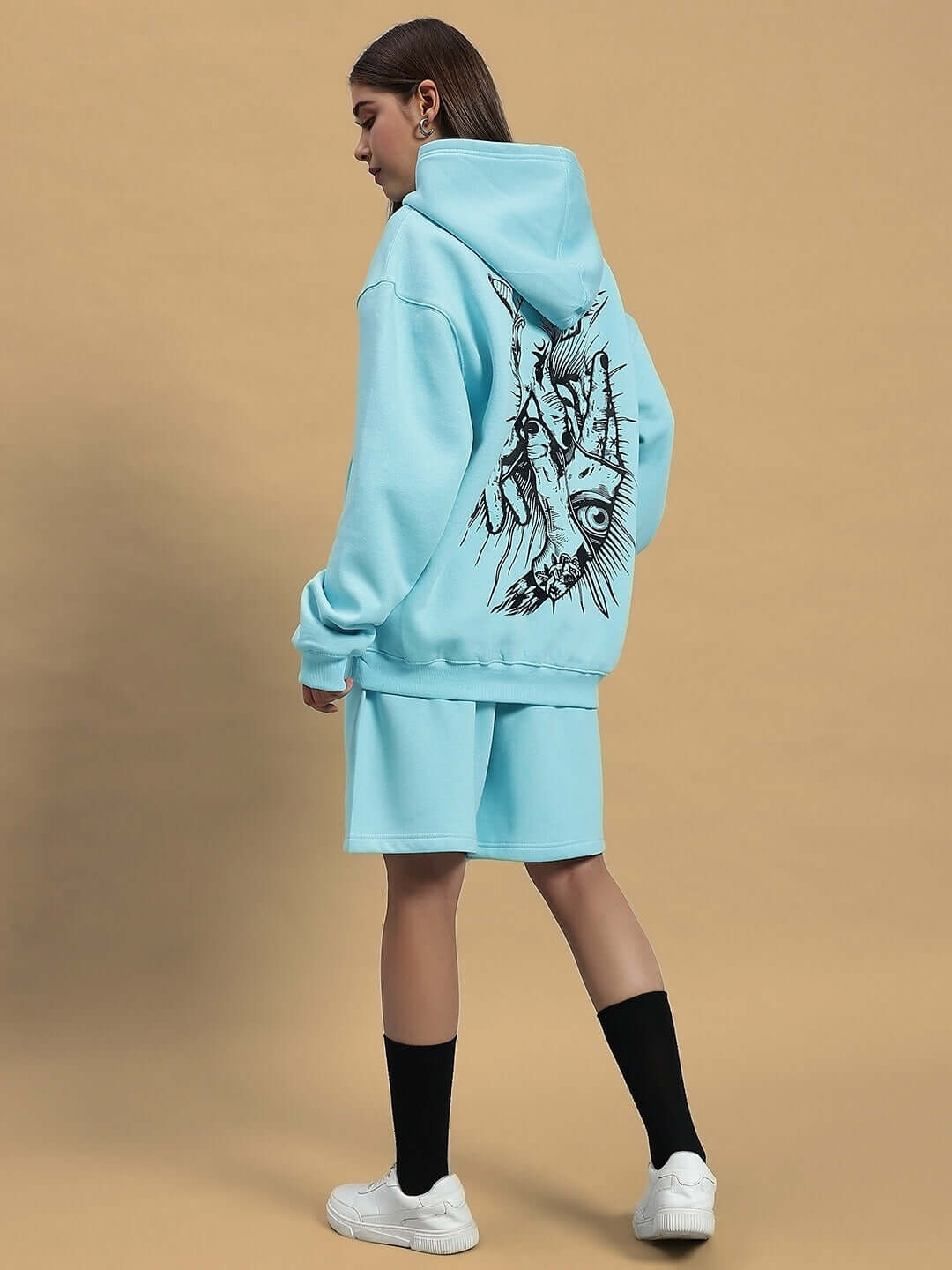 WOMEN DEMON FLEECE SHORTS SKY BLUE with hoodie and black socks, side view