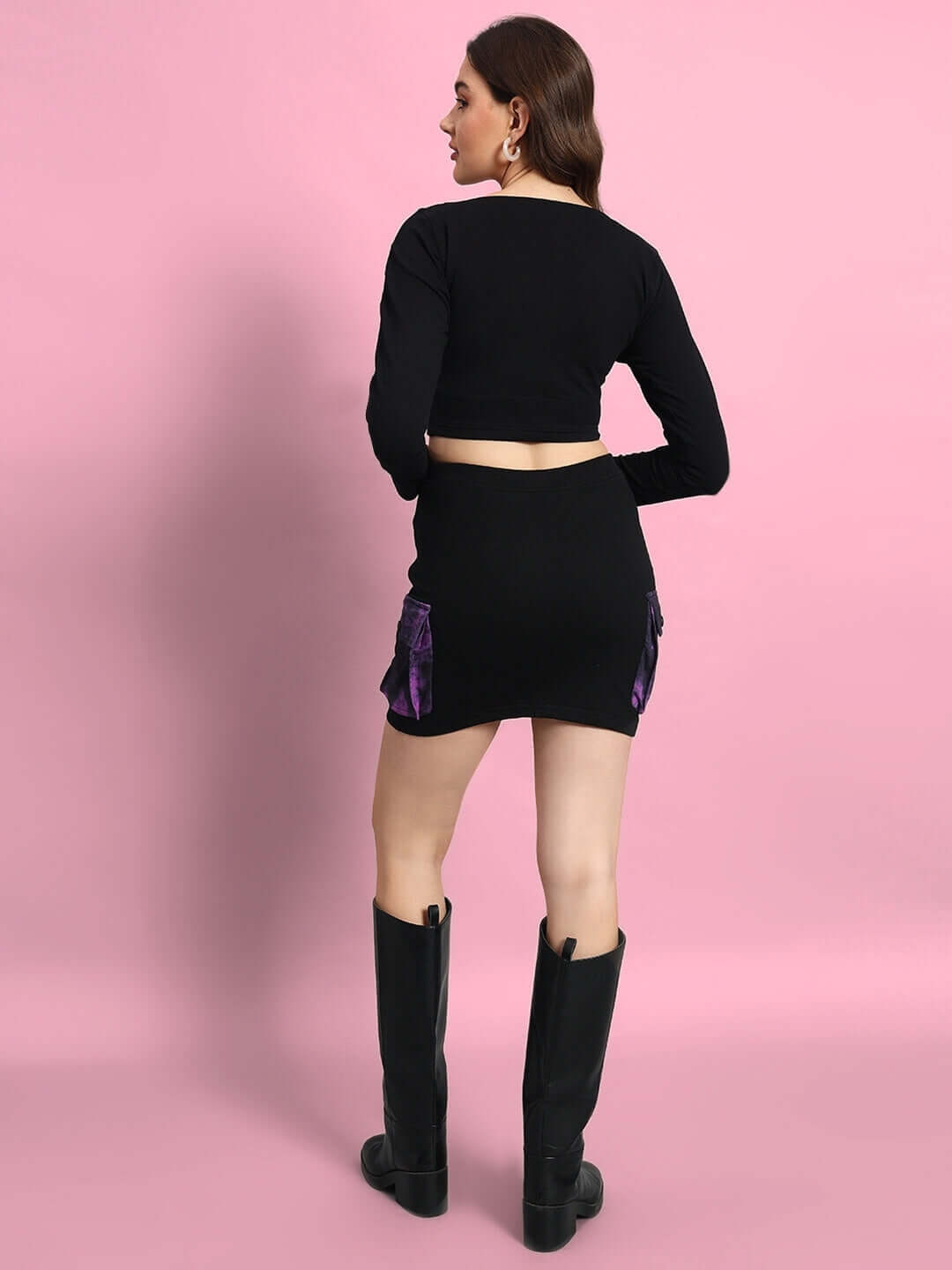 Back view of model wearing Women's Diana Co-Ord Set in black-purple, made from premium cotton French Terry with elastane. Cold wash care.