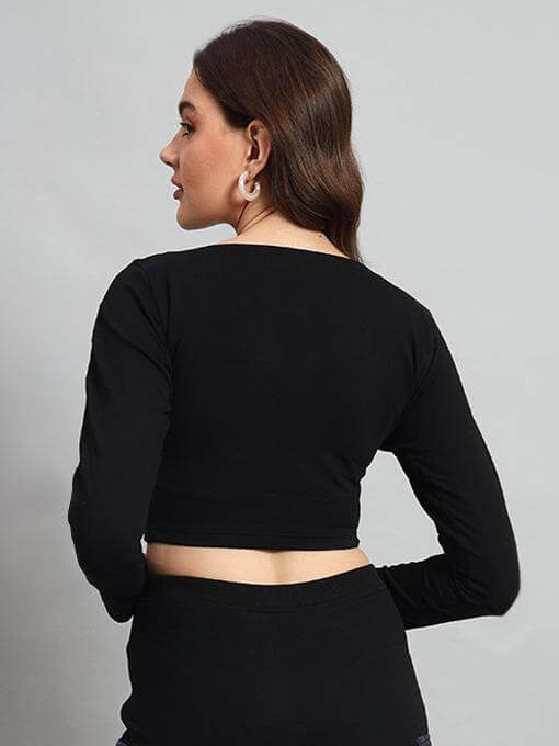 Back view of a woman wearing a black Diana tie-dye crop top made from premium 100% cotton Lycra fabric.