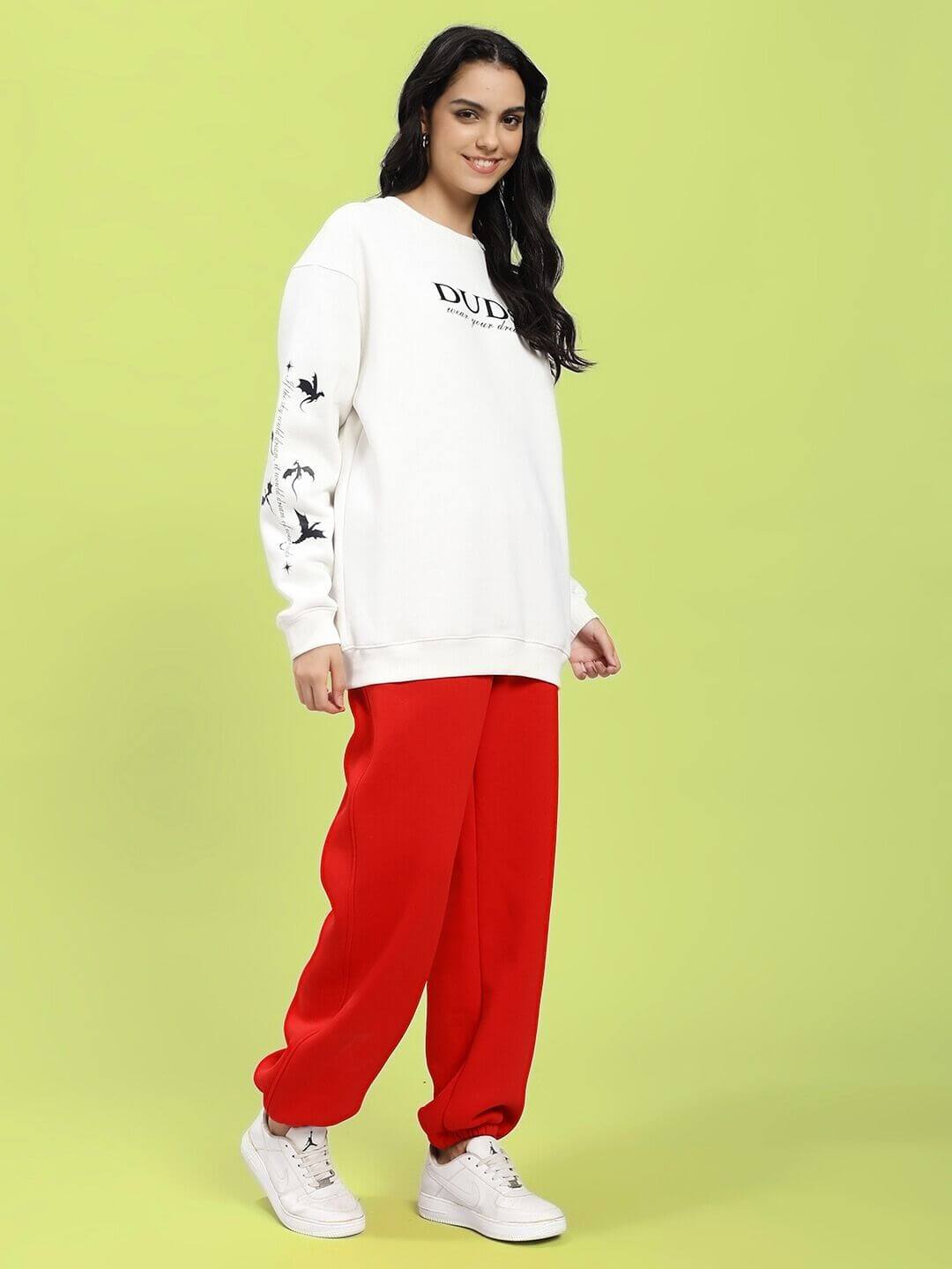 WOMEN FLY OR DIE DRAGON PRINT FLEECE COORD OFF WHITE RED - FULL CO - ORD SET