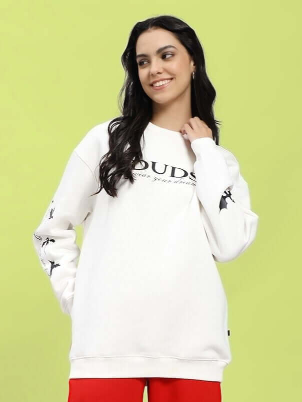 WOMEN FLY OR DIE DRAGON PRINT FLEECE SWEATSHIRT OFF WHITE - SWEATSHIRT