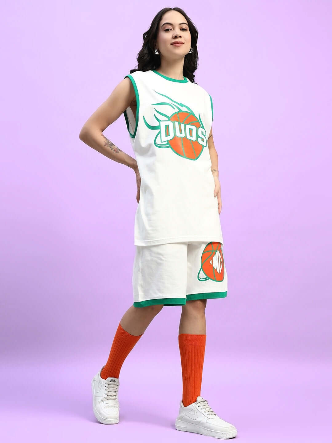 Alt Tag: WOMEN'S DRIBBLE CO-ORD SET OFF WHITE featuring premium heavy gauge fabric with bold logo style, ideal for sporty chic looks.