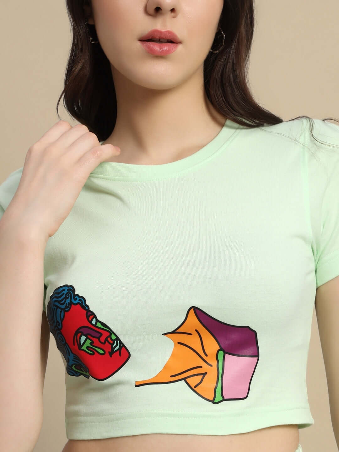Woman wearing light green printed crop top from the Drip God Co-ord Set, featuring unique graphic design. Casual, modern style fashion.