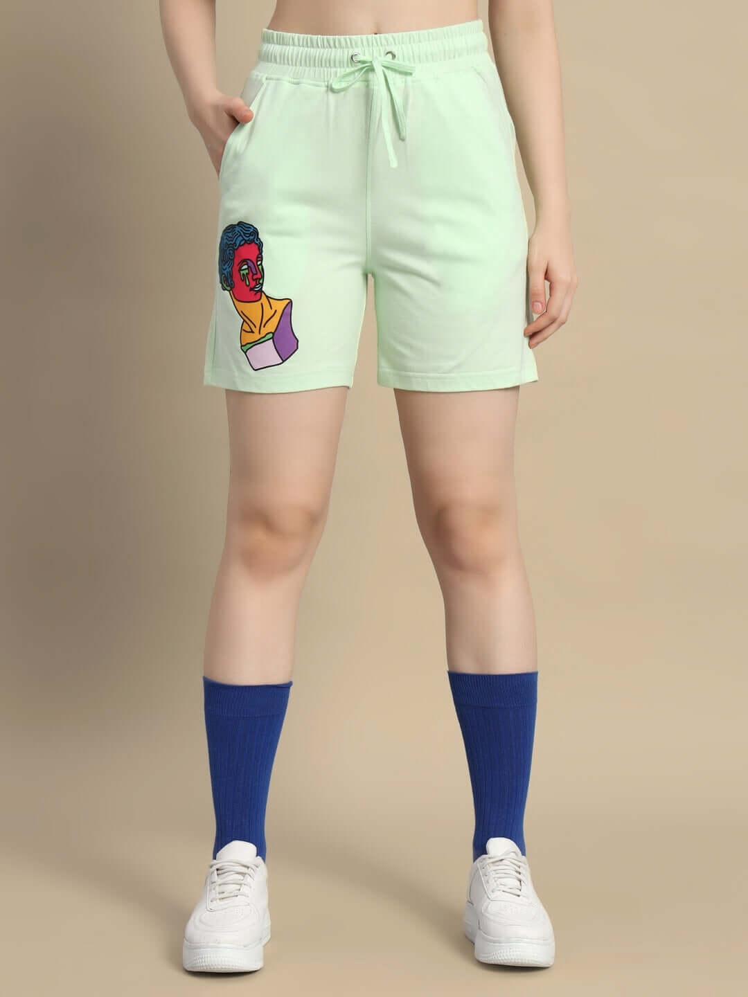Women's Nyanza Green shorts with artistic print, made of premium cotton French terry fabric. Fashionable and comfortable co-ord set.