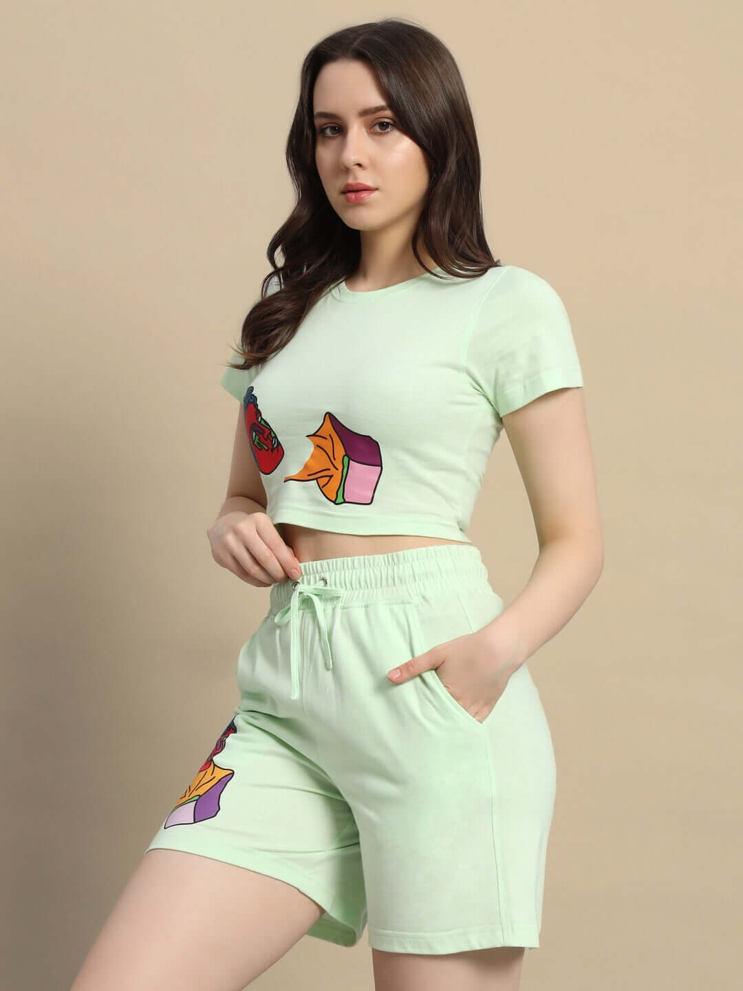 Women's Nyanza Green Drip God Co-ord Set with vibrant print, made of premium cotton and elastane, perfect for stylish comfort.
