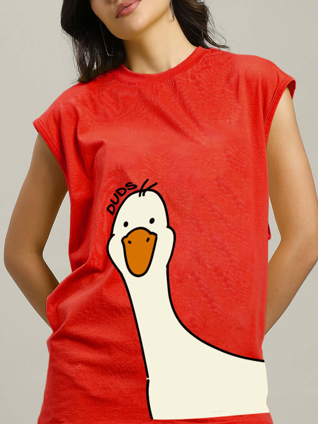 Red women's t-shirt featuring a duck print, perfect for gym workouts, customizable fit available for prepaid orders.