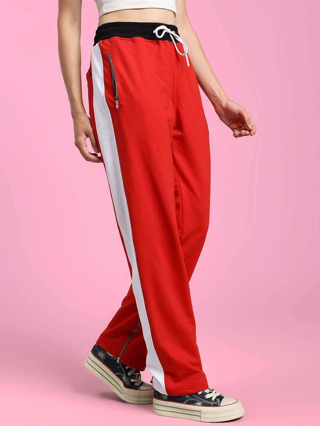 WOMENS ELEGANT RELAXED-FIT JOGGERS RED with white stripe and drawstring, premium fabric, perfect for casual wear.