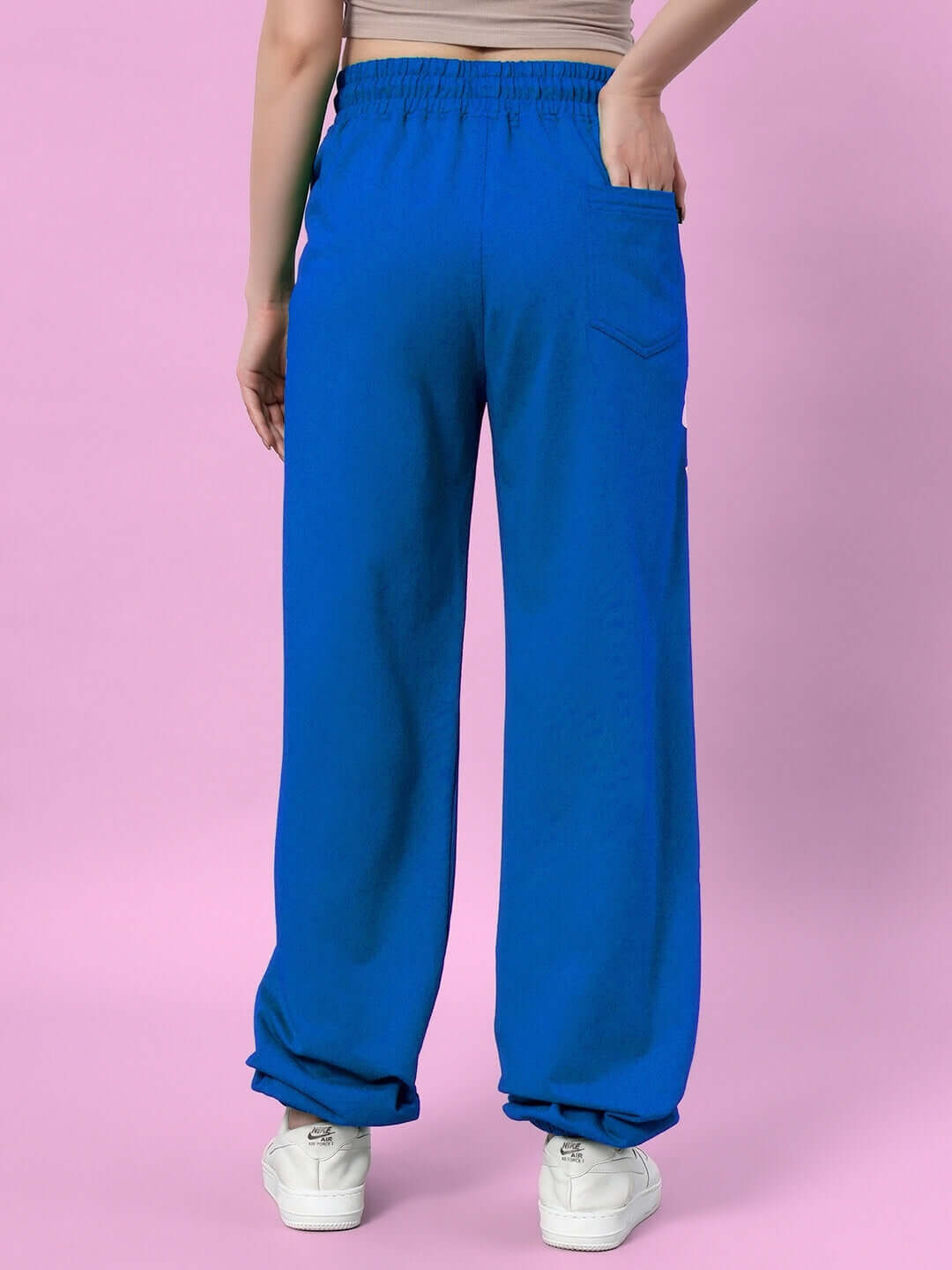 Back view of Women's Ellen Relaxed Fit Jogger in blue, showcasing elastic waistband and pocket detail.