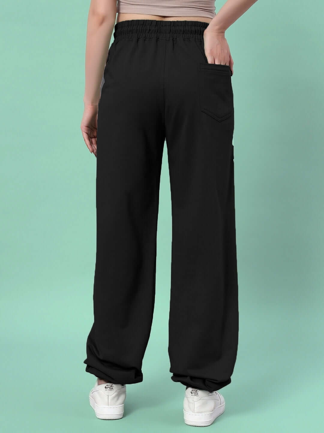 Back view of WOMEN'S ELLEN RELAXED FIT JOGGER BLACK showcasing relaxed style.