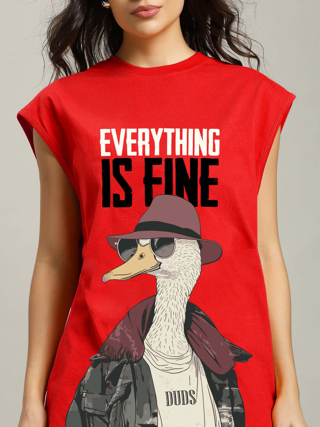 Women's red gym t-shirt featuring a stylish duck graphic and 'Everything Is Fine' text, available for custom fit by DUDS.