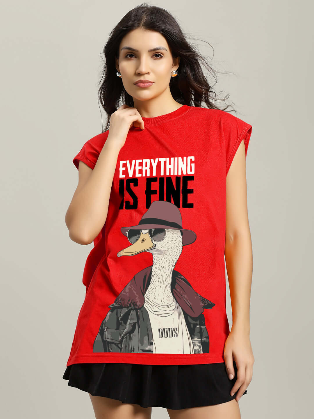 Red women's gym T-shirt with 'Everything Is Fine' text and a stylish duck graphic, model wearing DUDS brand, customizable fit option.