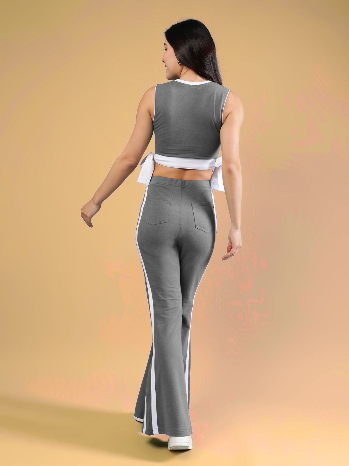 WOMENS FITTONIA COOL CO-ORD SET GREY featuring a stylish back view of the coordinated top and pants in grey.