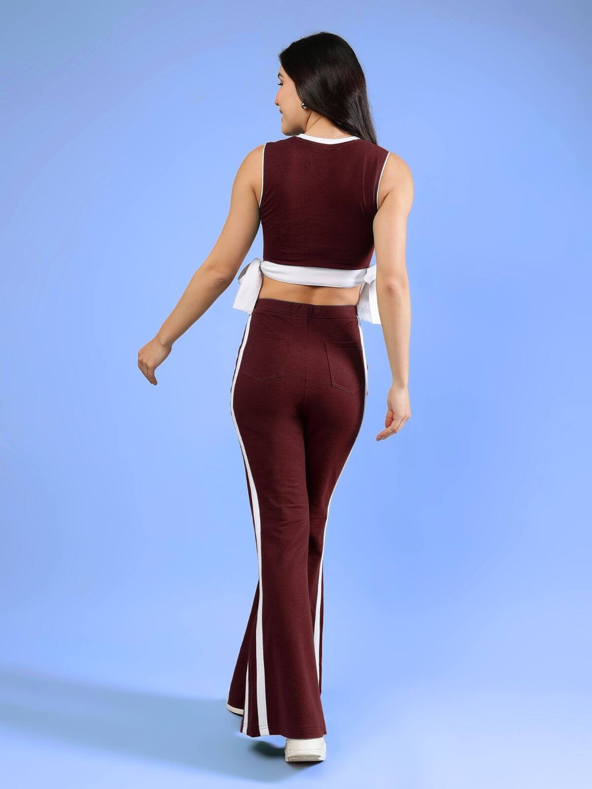 WOMENS FITTONIA COOL CO-ORD SET MAROON showing back view of chic maroon set with stylish white stripes.