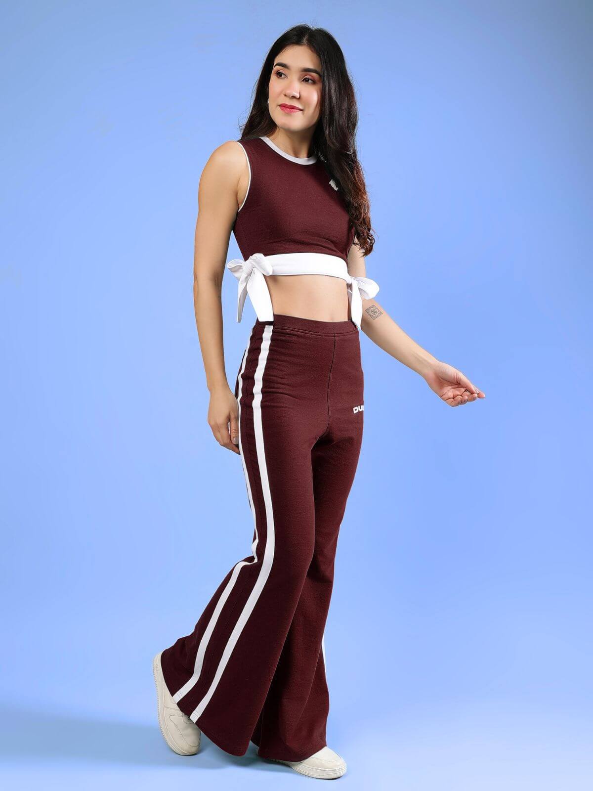 WOMENS FITTONIA COOL CO-ORD SET MAROON - trendy maroon co-ord set with sporty flair and chic design.