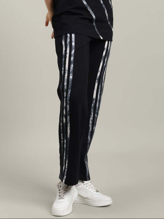WOMEN'S FLICKER JOGGER COTTON TERRY BLACK with stripe design, made to order for a custom fit. Perfect for casual wear.