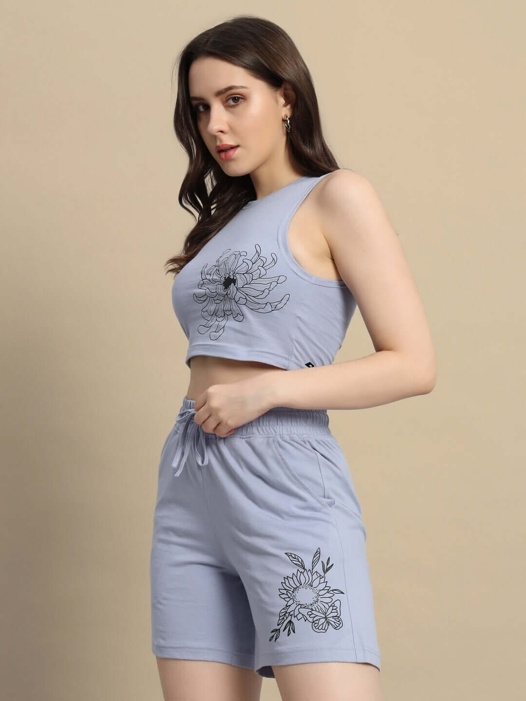Steel blue women's floret co-ord set with floral print, featuring premium cotton French terry lycra, in a stylish design.