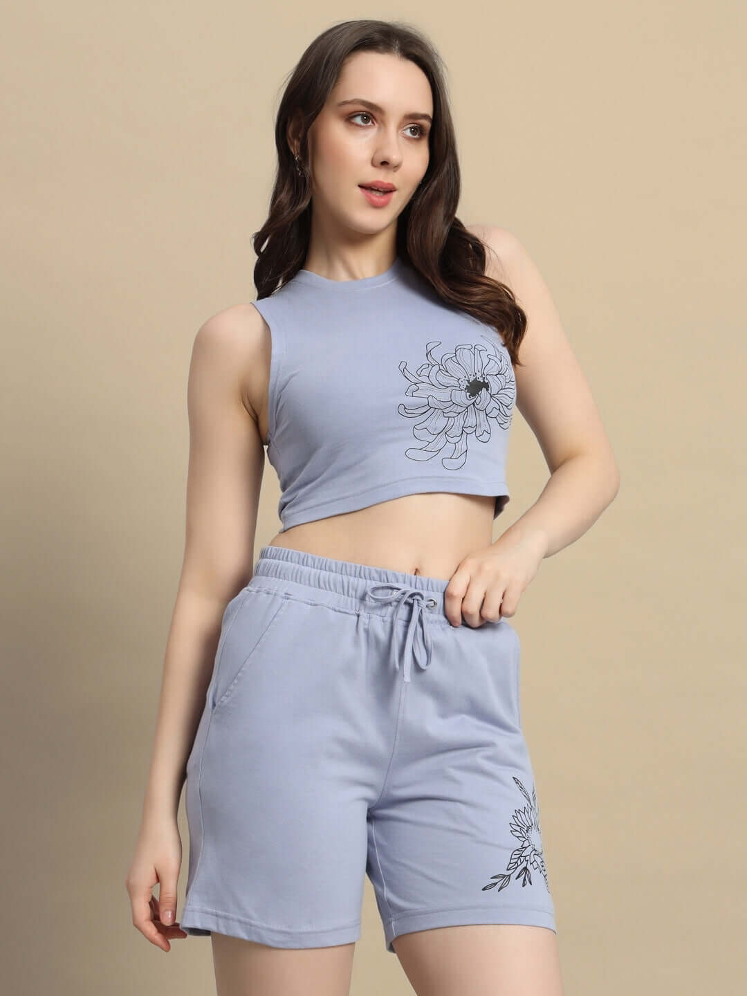 Steel blue women's Floret co-ord set with floral print, featuring a sleeveless crop top and shorts, made from cotton French terry.
