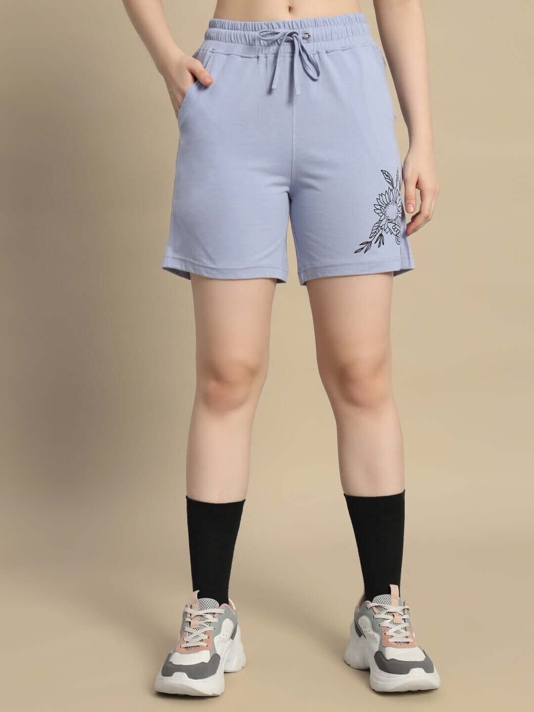 Steel blue women's floret co-ord shorts with floral print, made of premium cotton French terry lycra, showcasing comfortable style.