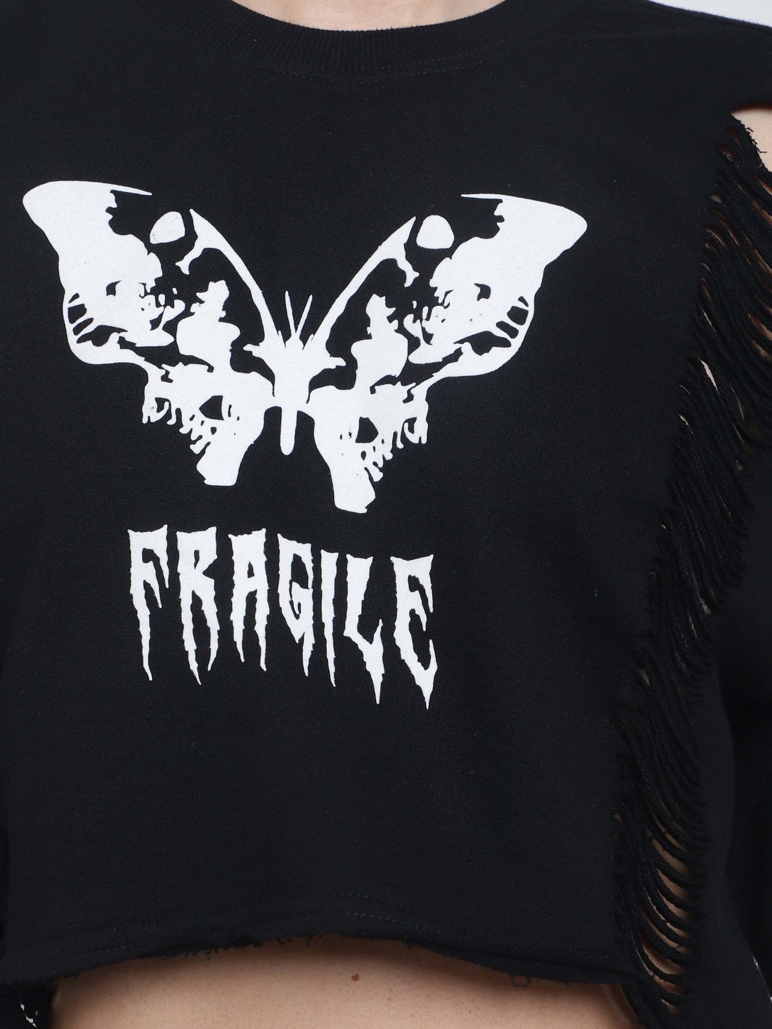 Close-up of WOMEN'S FRAGILE OVERSIZED CROPPED T-SHIRTS BLACK featuring bold butterfly and 'fragile' text print design.