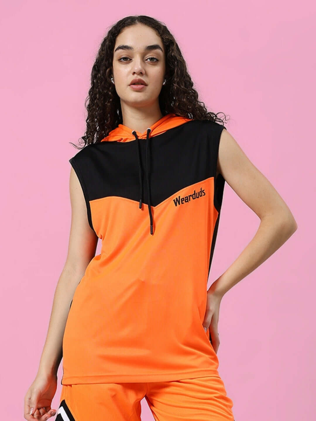 Women's Franky Gym T-Shirt Orange Black, stylish and customizable activewear, features bold color blocking and modern design.