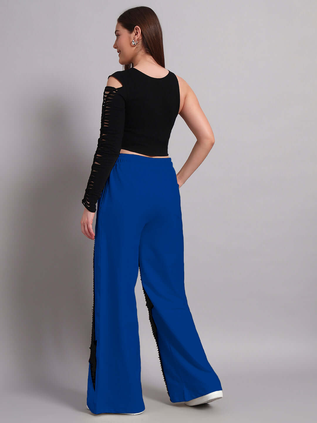 Women's frayed textured stripes co-ord set in black and blue, featuring a relaxed fit jogger with elastic waistband and drawstring.