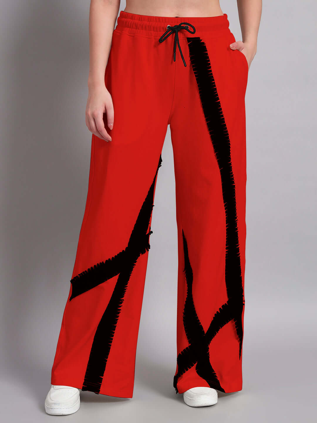 Women's Black and Red Frayed Textured Stripes Co-Ord Set with Joggers