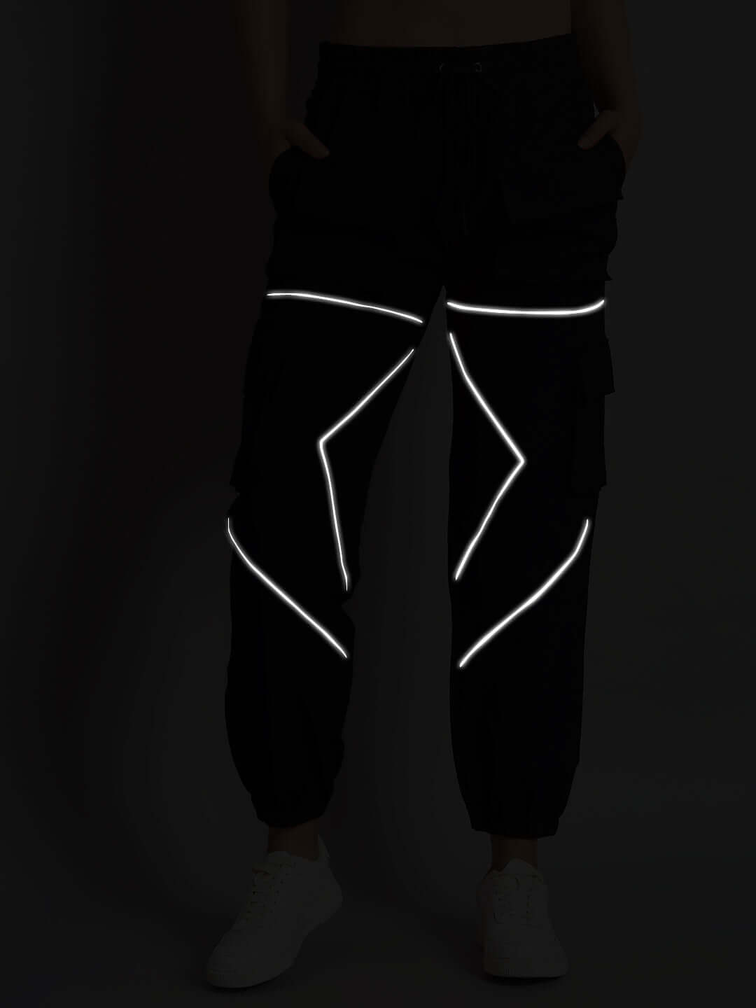 Women Frontline Reflector Parachute Cargo Pants Black with reflective detailing