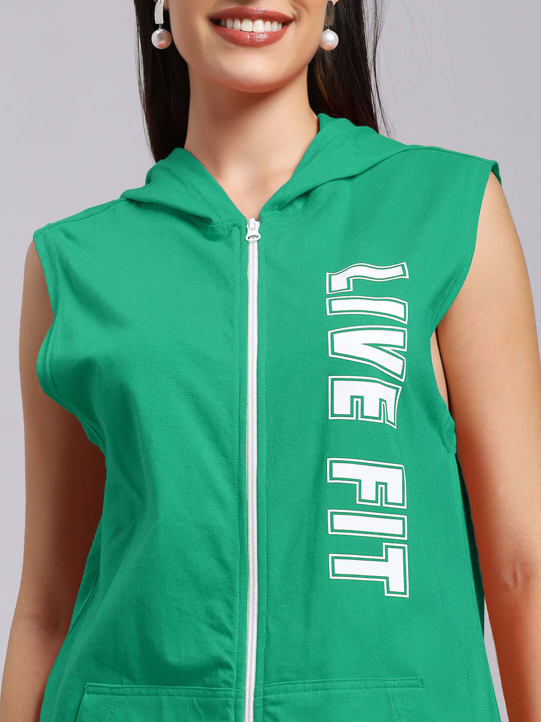 WOMEN'S LIVE FIT GYM HOODED T-SHIRT GREEN in premium stretch cotton-blend, ideal for workouts and athleisure.