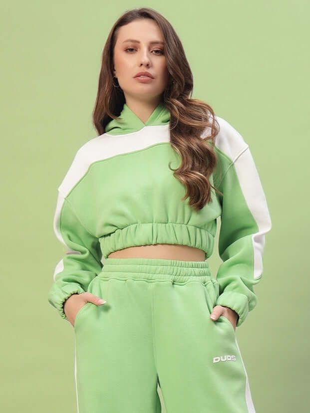 Woman wearing Women's Rizzler Colorblock Co-ord Green, featuring a relaxed-fit top and pants with bold colorblock design for casual wear.