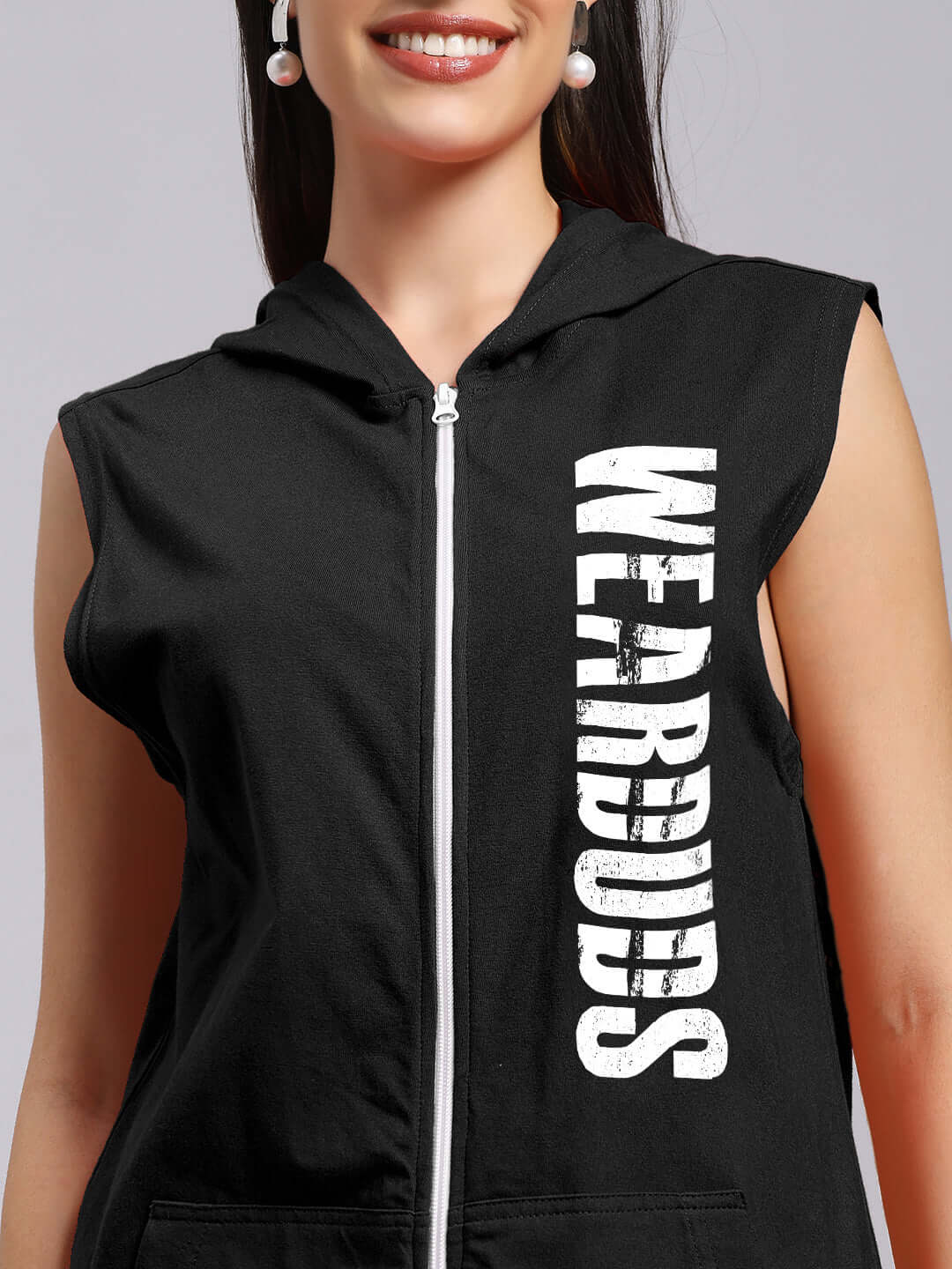 Woman wearing WOMENS DECENT GYM HOODED T-SHIRT BLACK with 'WEARDUDES' text on front