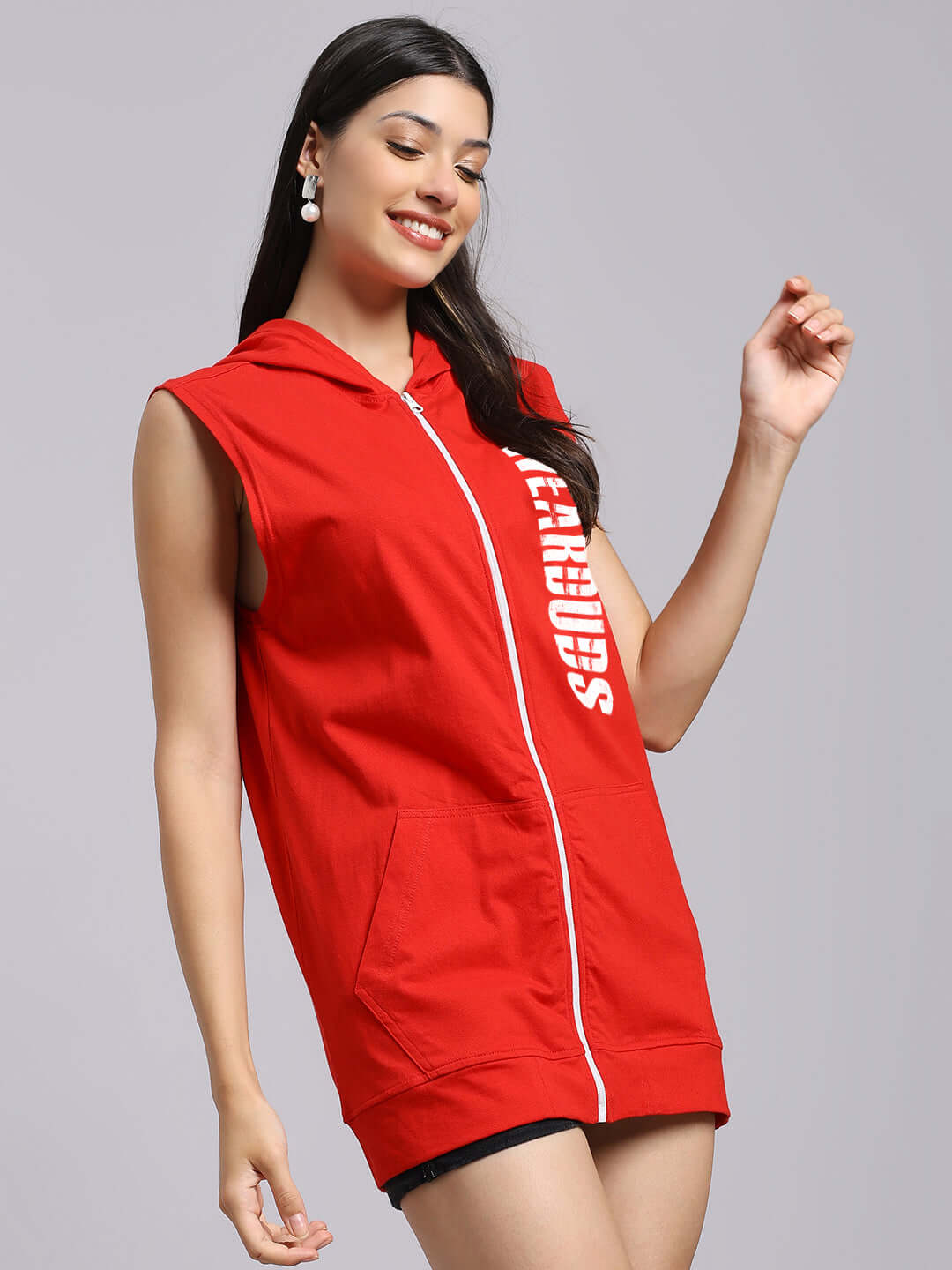 Model wearing WOMENS DECENT GYM HOODED T-SHIRT RED, sleeveless design, perfect for workout and casual wear.