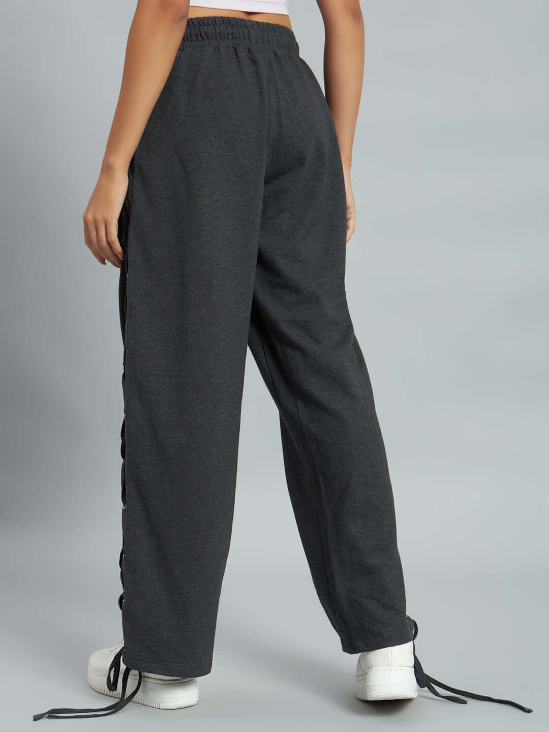 Rear view of Women's Hazel Relaxed Fit Joggers in grey, showcasing a comfortable and stylish design with elastic waistband.