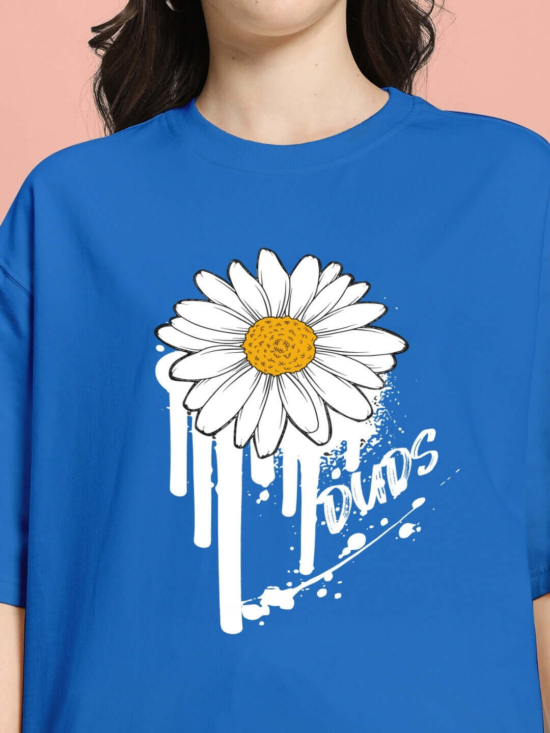 Close-up of WOMEN'S HELIANTHUS SUMMER CO-ORD SET BLUE with daisy print on shirt