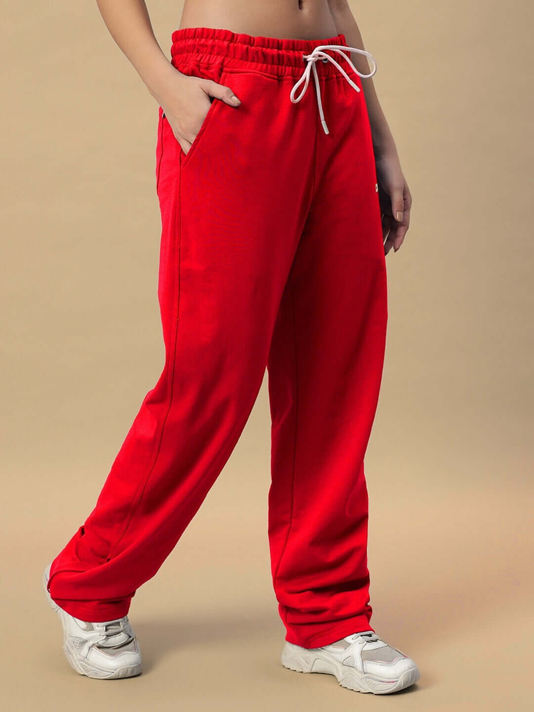 Women's Hershey side slit joggers in red, featuring an adjustable waist tie and comfortable fit.