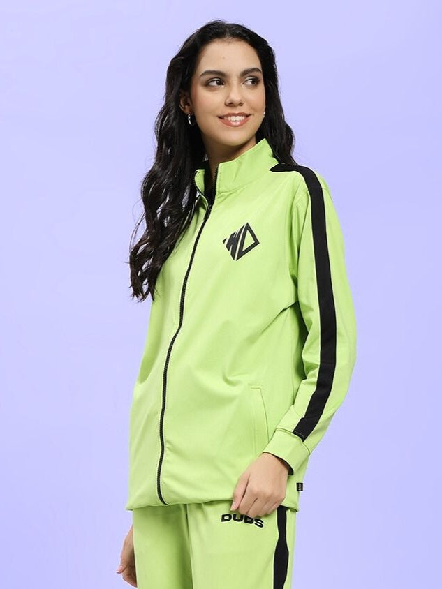 Woman wearing WOMEN HIGH PERFORMANCE JACKET NEON GREEN, showcasing style and functionality.