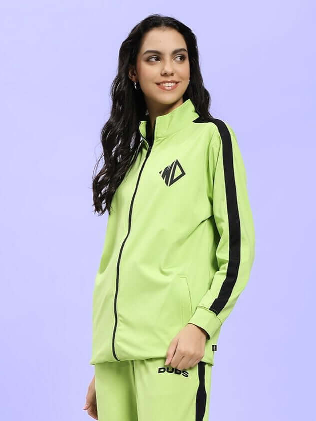 Woman wearing WOMEN HIGH PERFORMANCE JACKET NEON GREEN, showcasing style and functionality.