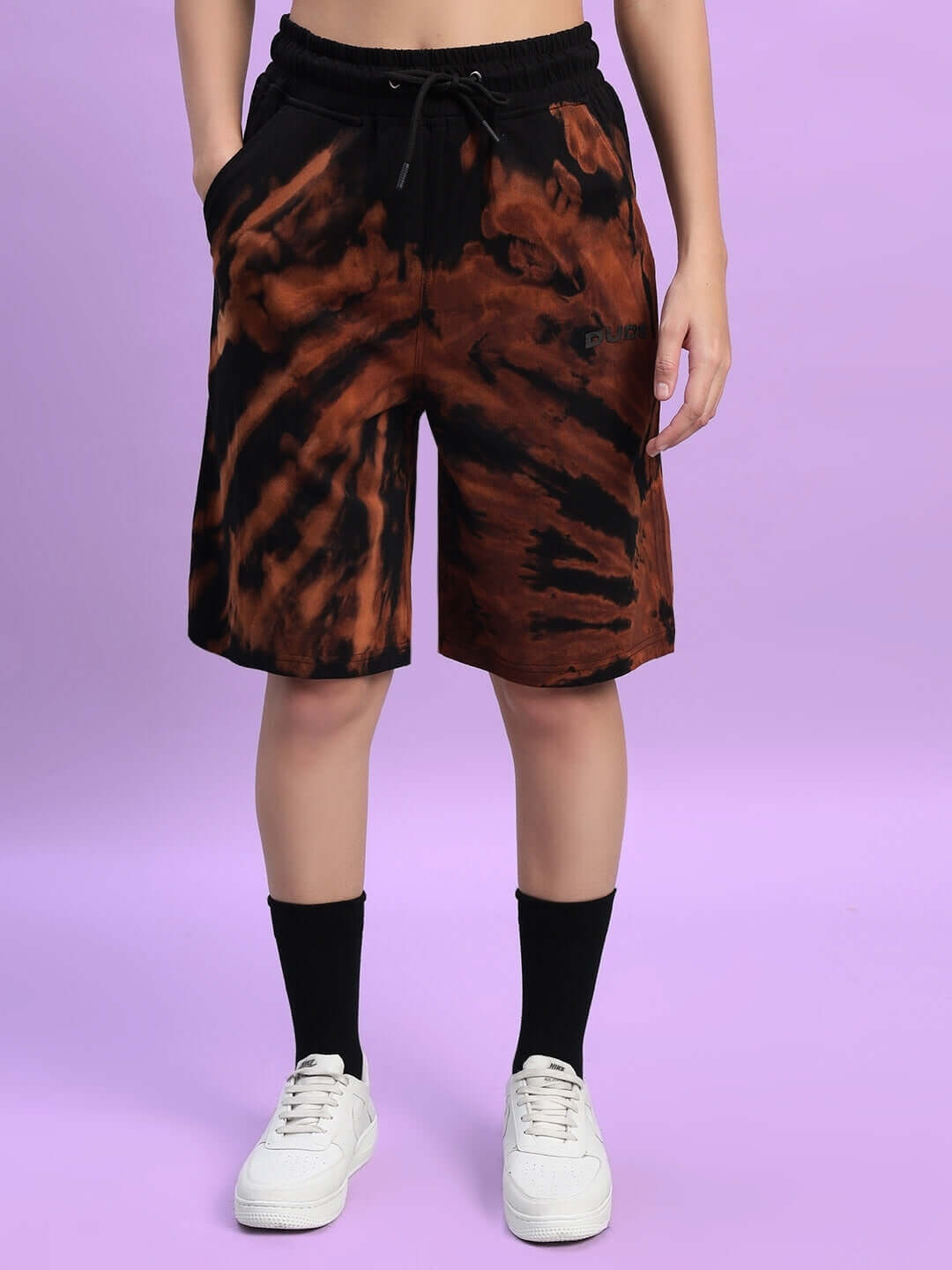Black tie-dye shorts from WOMEN'S HUSTLER CO-ORD SET, featuring premium cotton French terry fabric. Ideal for casual wear.