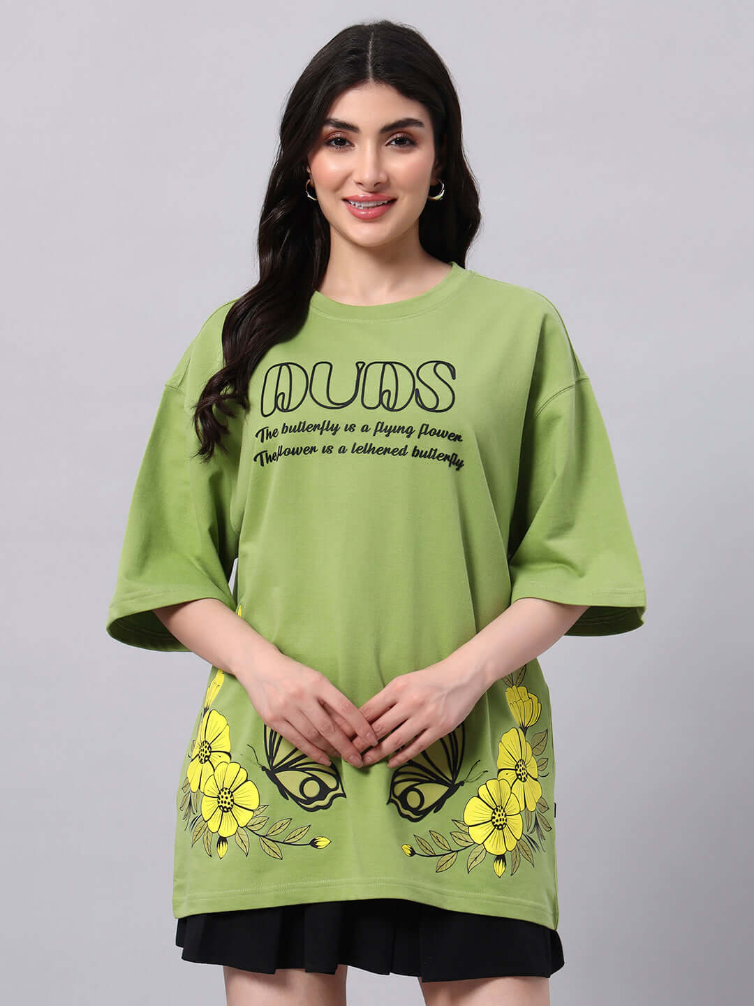 WOMEN'S IKON BUTTERFLY T-SHIRT GREEN with yellow floral design, featuring soft cotton material for comfort.