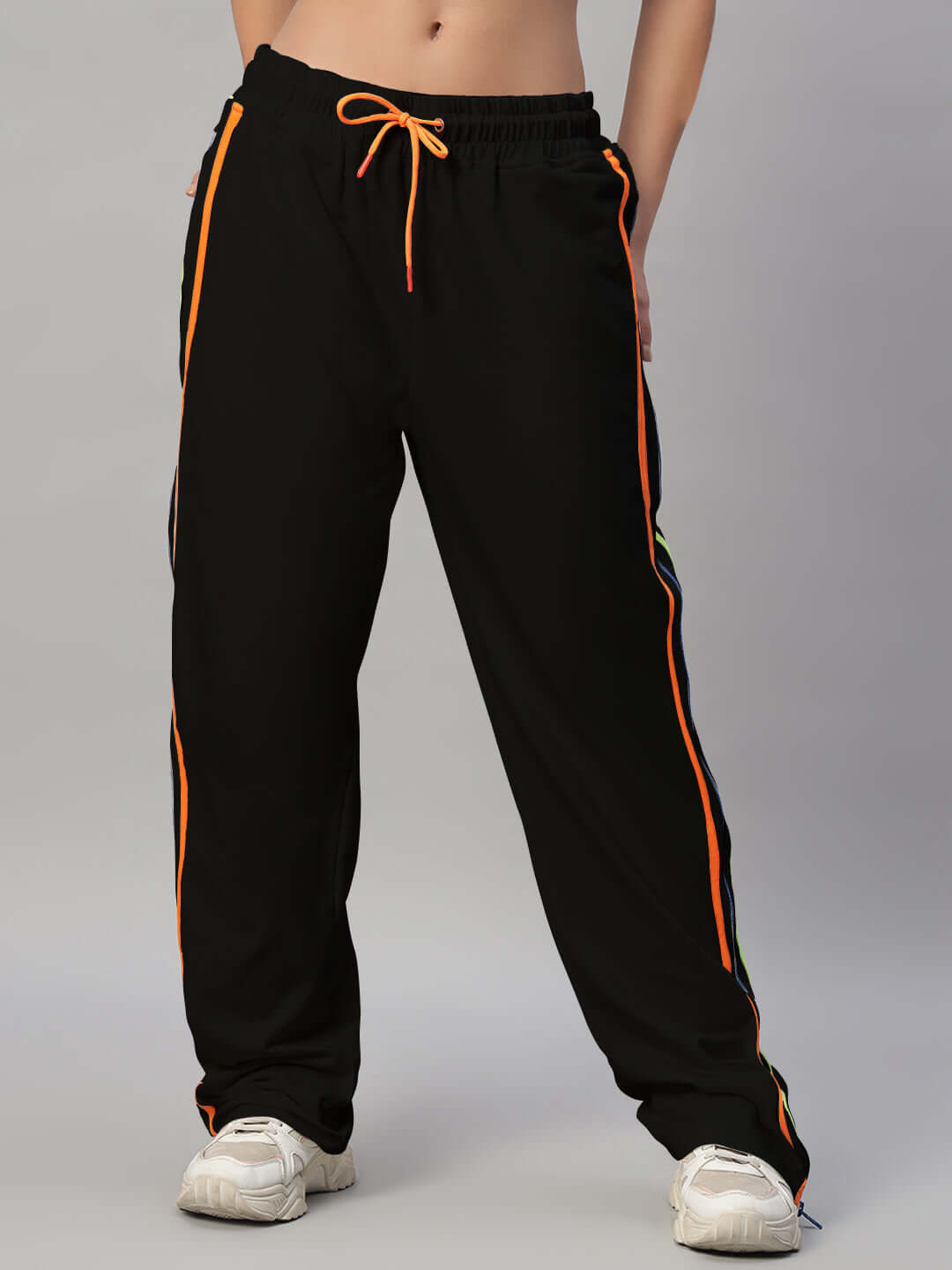 WOMEN'S IMPERIAL SIDE ZIPPER JOGGERS BLACK with colorful side stripes, perfect for customization and tailored fit.
