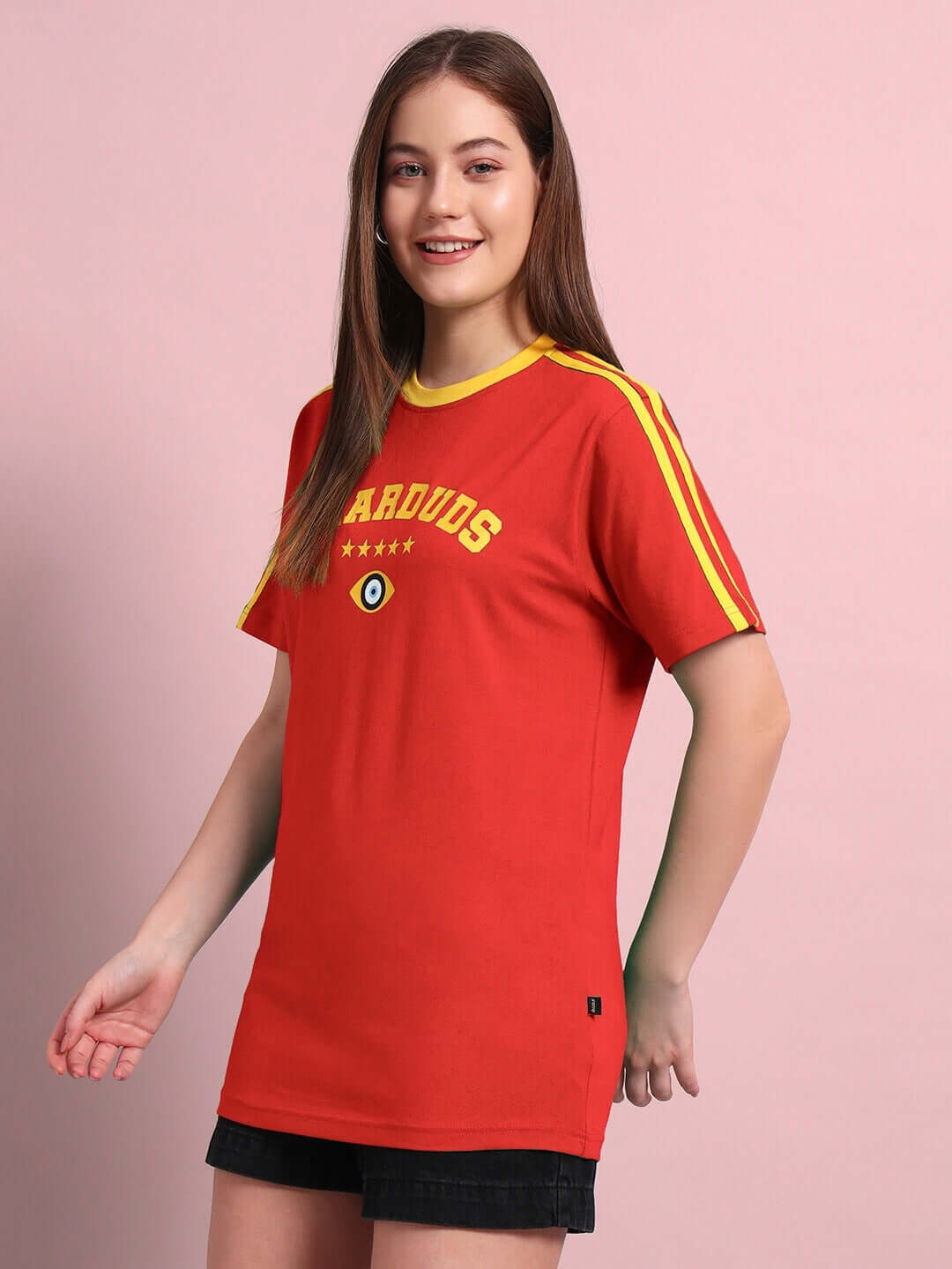 Woman wearing red Irish regular fit T-shirt with yellow stripes, 100% cotton, made in India, by Color By Colours.