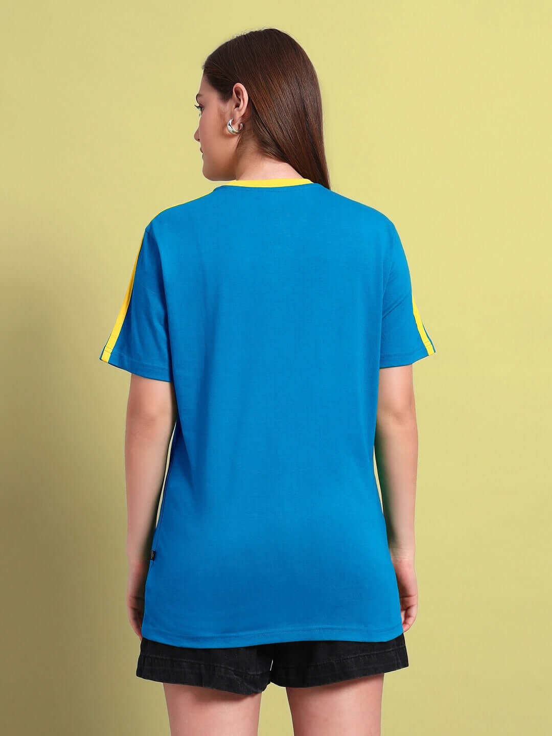Back view of women's blue Irish regular fit t-shirt with yellow accents, made from 100% cotton and bio-washed for a soft feel.