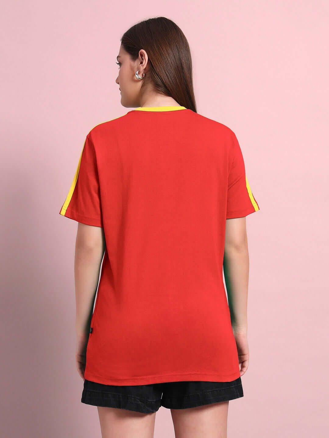 Back view of Women's Irish Regular Fit T-Shirt in red, made with 100% cotton, 220 GSM, bio-washed, showcasing yellow side stripes.