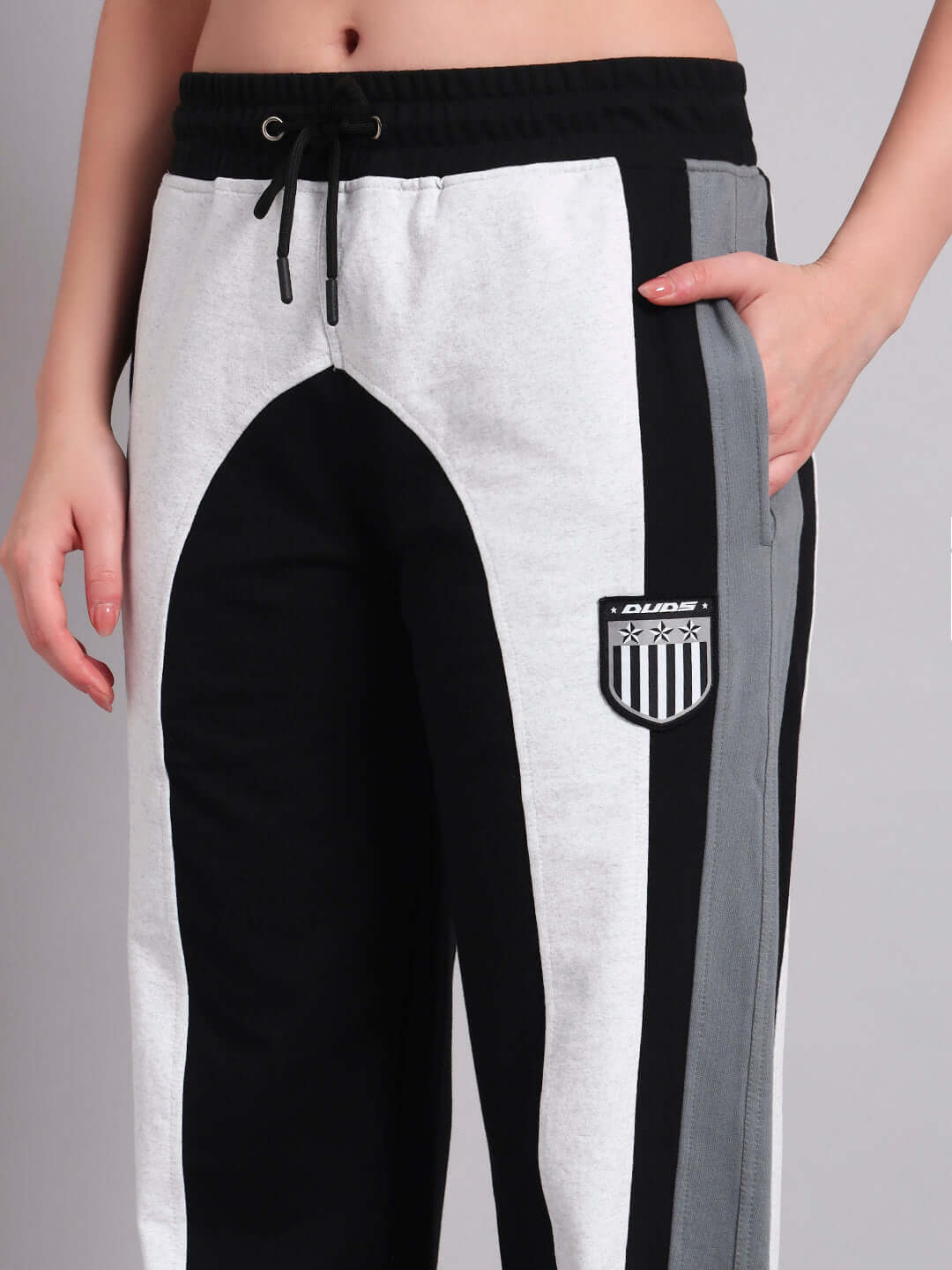 Women's Jamison Color Block Joggers in Black Melange-Grey, relaxed-fit style with drawstring waistband by DUDS.